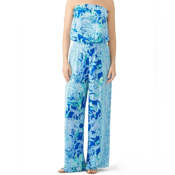 Lilly Pulitzer Pants - Lilly Pulitzer Blue Floral Pim Smocked Waist Jumpsuit sea sirens S Strapless